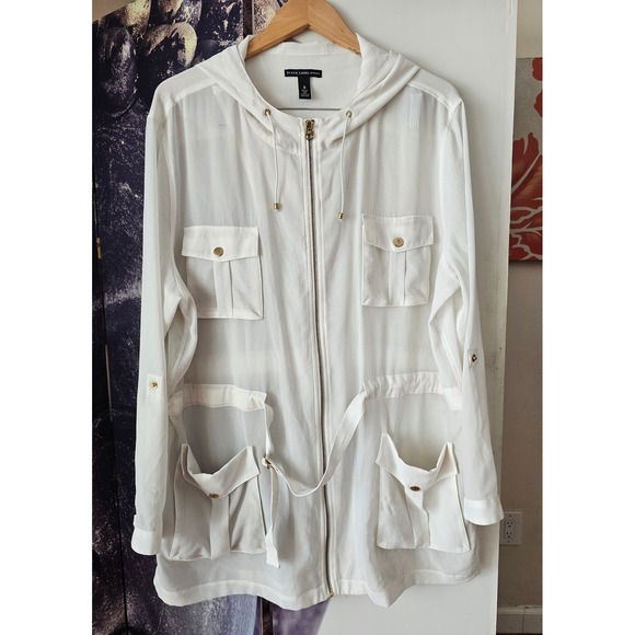 Black Label by Chico's Sheer Ivory Hooded Utility Jacket with Belt Size 3 - Picture 2 of 10